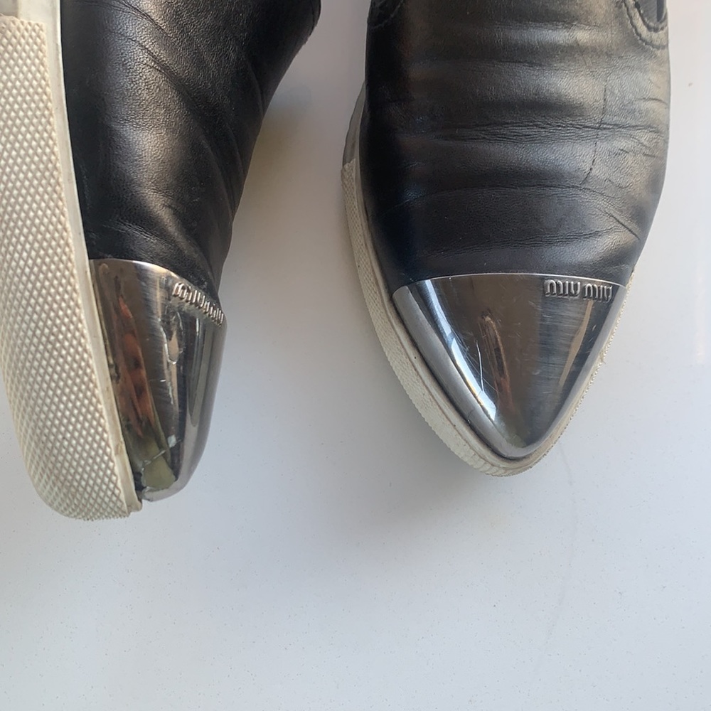 Miu Miu Black Leather Slip-On Sneakers with Silver Cap Toe - Picture 4 of 9